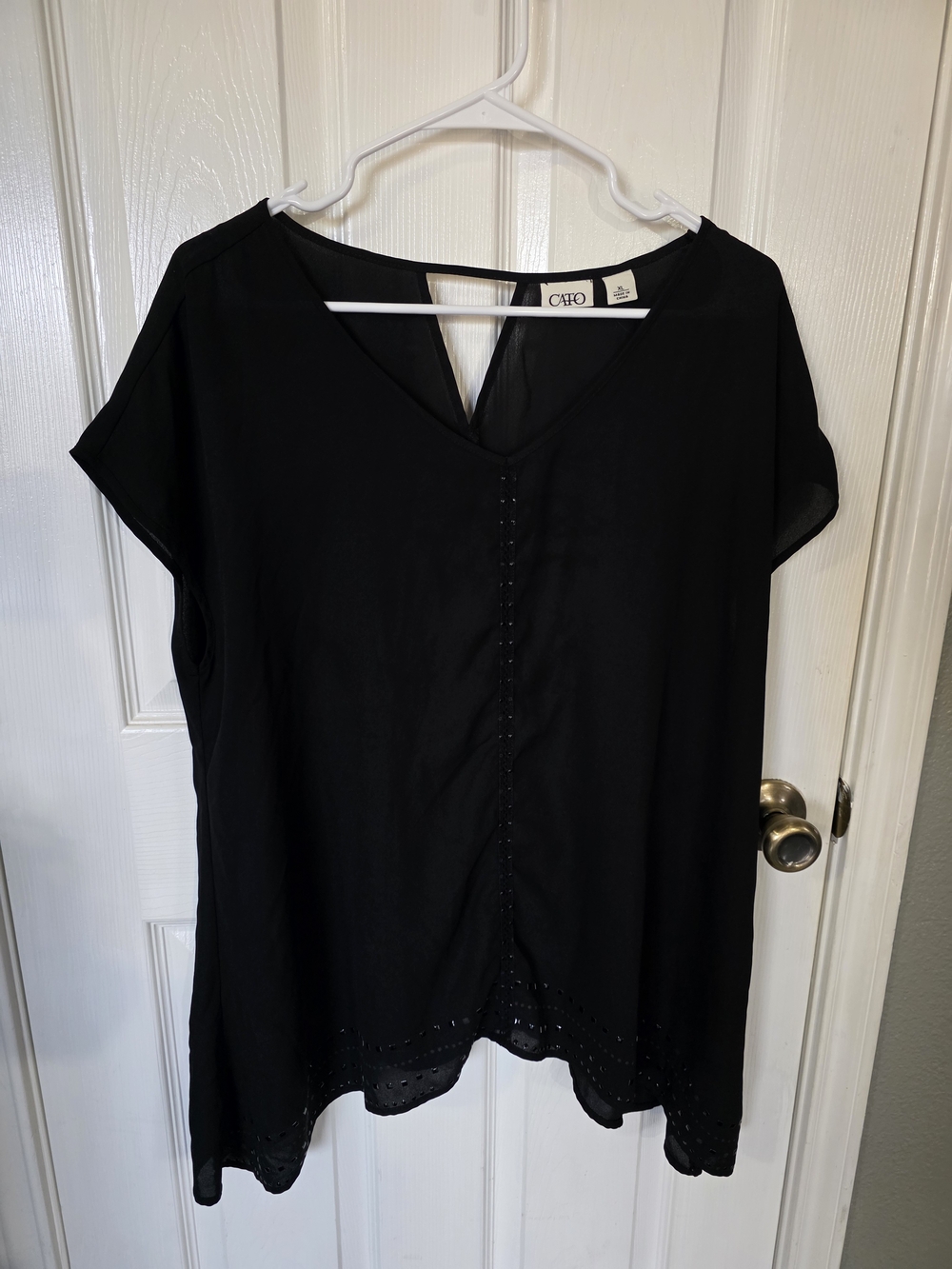 Cato Black V-Neck Short Sleeve Tunic with Eyelet Hem